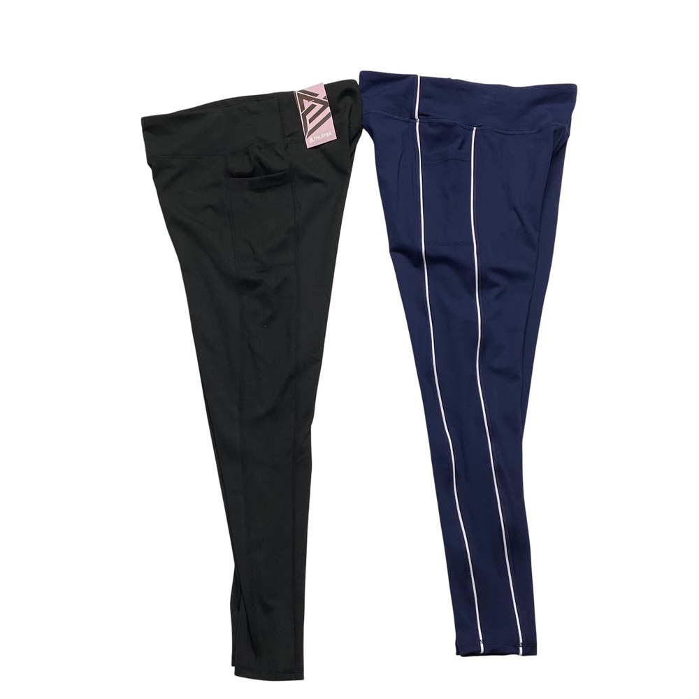 Athletex Womens High‎ Waisted Active Leggings 2 Pack Black Navy Pockets L NWT